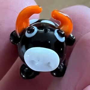 Tiny Glass Bull figurine in Black, White, and Orange - handmade